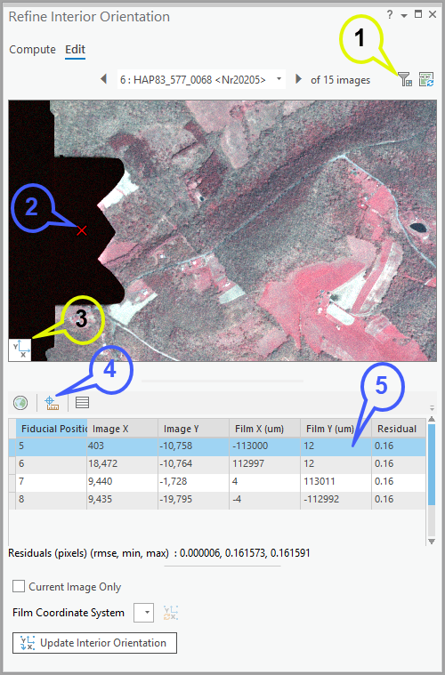 Functionality of the Edit tab in the Refine Interior Orientation pane