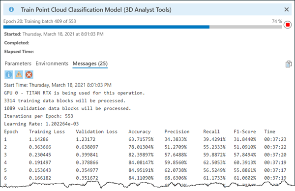 Example message output from training tool