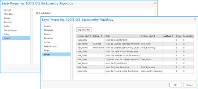 Errors tab on the topology feature layer properties shown before and after validating