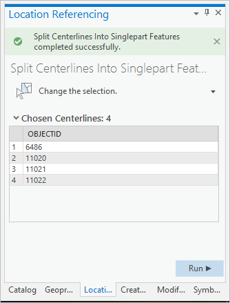 Split Centerlines Into Singlepart Features pane after the singlepart features are created