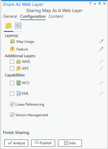 Configuration tab with Linear Referencing and Version Management check boxes checked