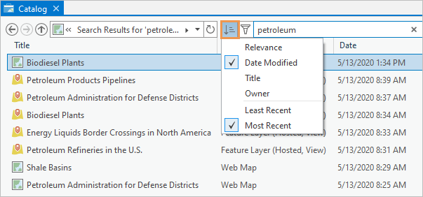 Catalog view showing drop-down options on the Sort button and search results