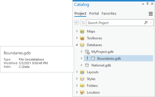 Catalog pane displaying an invalid database connection