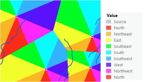 Map of straight-line direction from 4 ranger stations