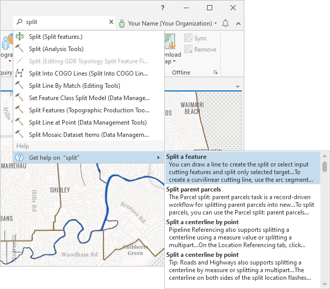 Command Search results using the term split. It includes both tools and commands and help topics.