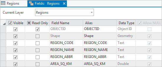 Fields view of the Regions table