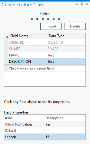 The Fields page of the Create Feature Class pane