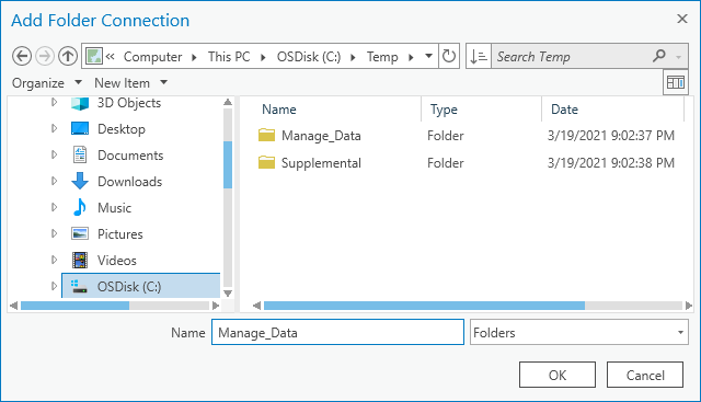 Manage_Data folder selected on the browse dialog box.