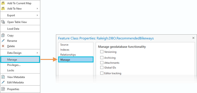 Context menu option and Feature Class Properties dialog box showing the Manage tab