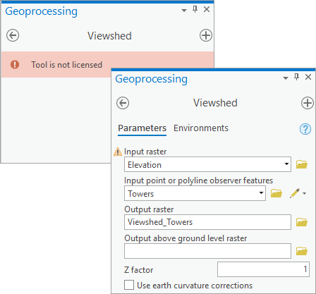 Viewshed tool as it appears to an unlicensed user and a licensed user
