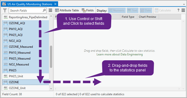 Select and drag fields to the statistics panel