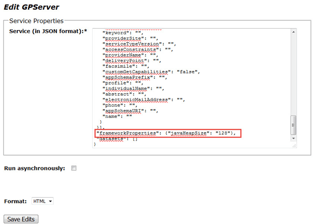 An example of service properties in JSON format