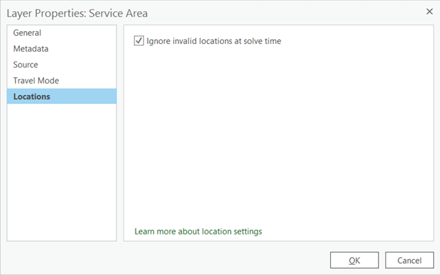 Layer Properties dialog box in the network analysis layer with the Locations page selected