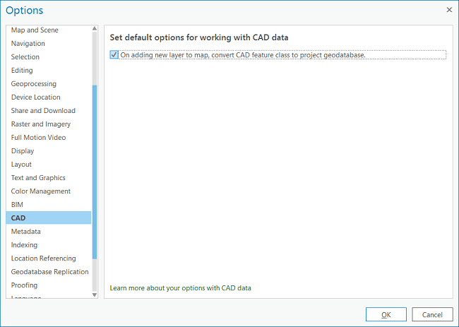 Options dialog box with the option to convert CAD data