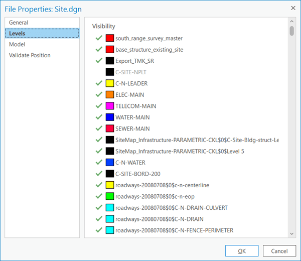 Levels tab on the File Properties pane