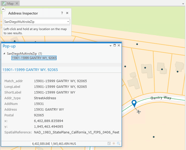 Address Inspector pop-up, crosshairs, and location of match result