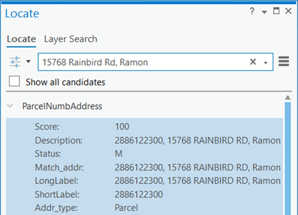 Result of searching for parcel address