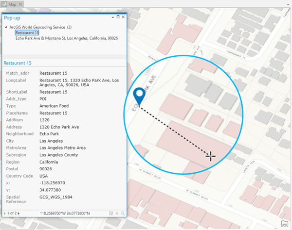 What's here? tool pop-up result and click location with crosshairs and pin for matched location