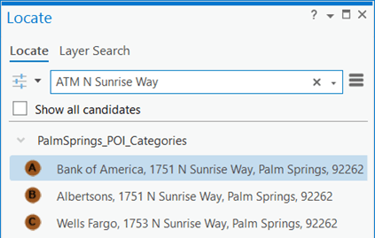 Result of POI category search with street name in the Locate pane