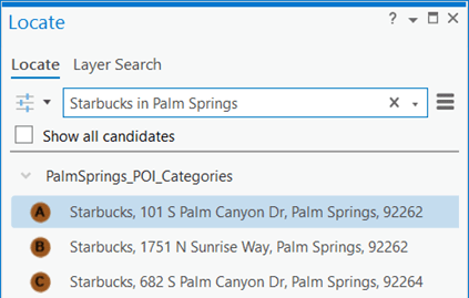 Result of POI place name search with zone and optional connector in the Locate pane