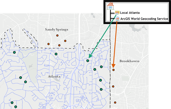 Results of composite locator with Atlanta street locator and ArcGIS World Geocoding Service to match bordering cities