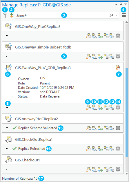 Elements of the Manage Replicas pane