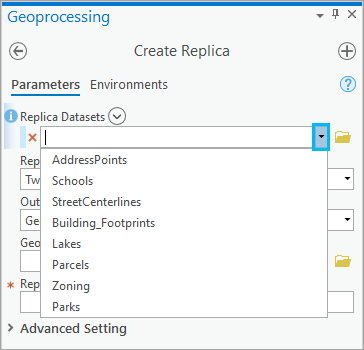 Replica Datasets drop-down menu