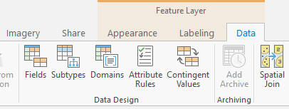 Fields, Subtypes, and Domains buttons on the Data tab