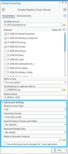Advanced Setting fields on the Create Replica from Server geoprocessing tool dialog box