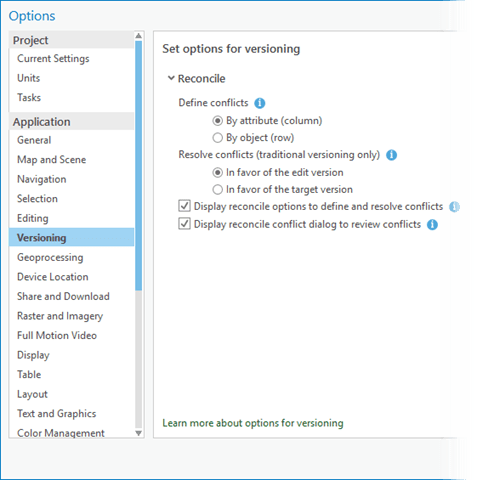 Versioning Options tab from ArcGIS Pro project settings.
