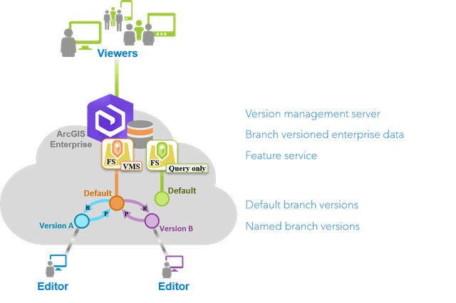 Using branch versioned data supports editors and viewers by publishing a query-only feature service and an editable feature service.