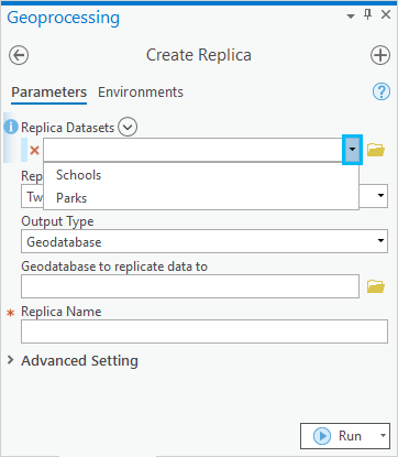 Create Replica geoprocessing tool displaying the drop-down option to select features in the map with definition queries applied