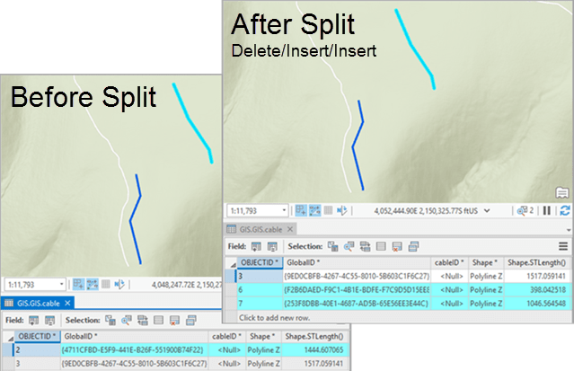 Before and after an edit using the Delete/Insert/Insert split model.
