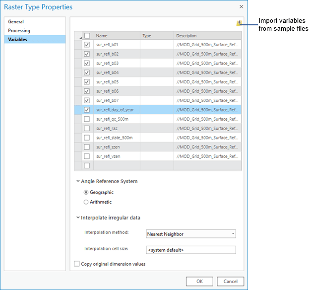 Raster Type Properties dialog box with list of variables selected