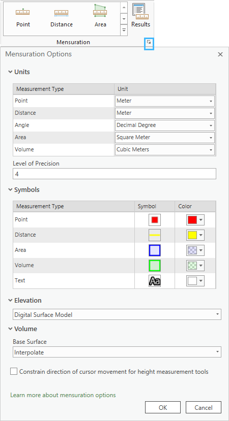 Mensuration Options pane