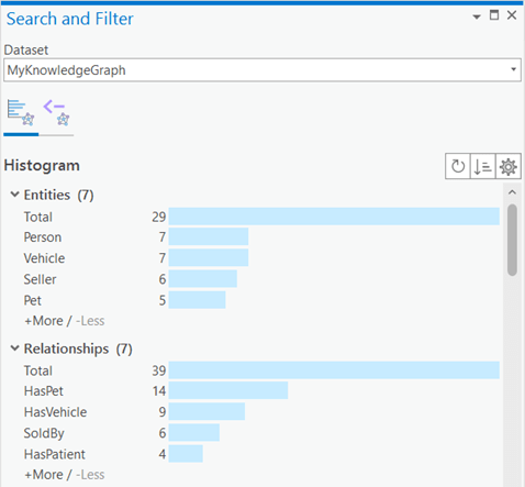 Histograms illustrate how many instances exist in the paired view for each entity type and relationship type.