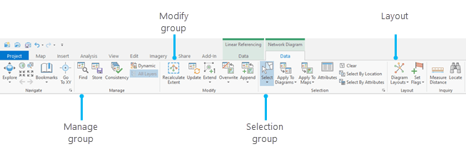 Tools and commands on the Data contextual tab under the Network Diagram tab set for a diagram representing utility network features