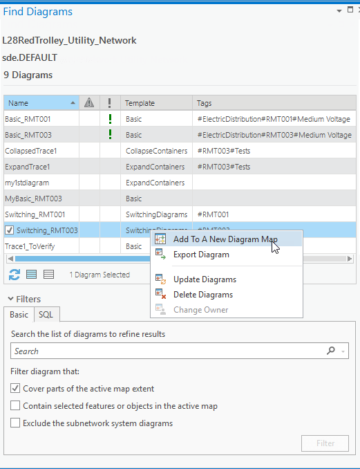 Diagram commands in context menus from the diagram items in the Find Diagrams pane