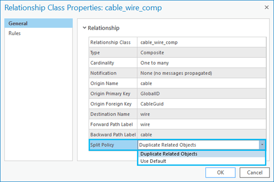 Relationship Class split policy drop-down options