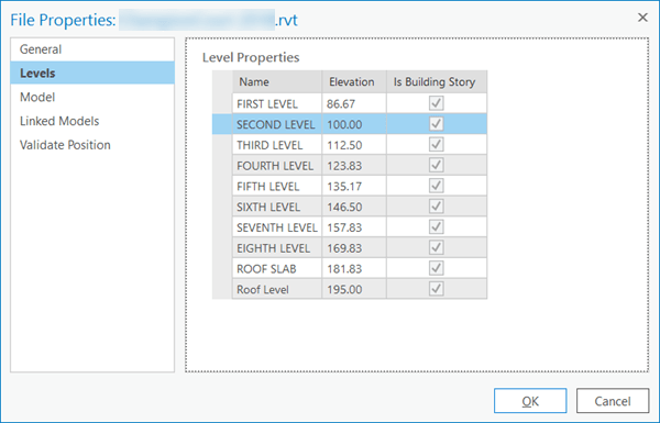 Levels tab for an .rft file