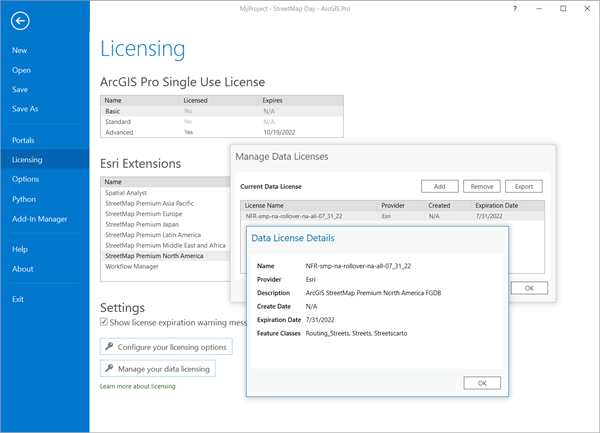 Manage Data Licenses pane showing the StreetMap Premium license file (*.sdlic)
