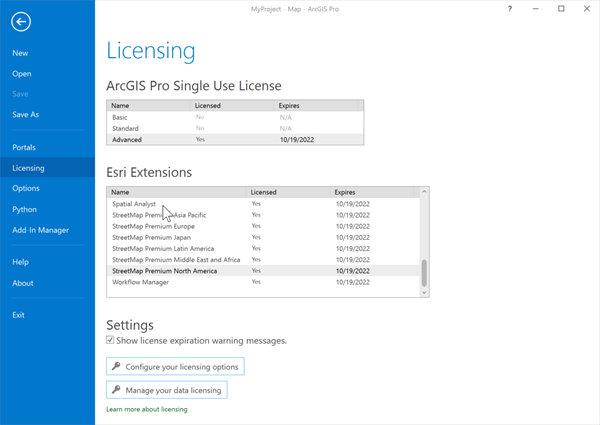 Licensing pane showing the Esri Extensions list for StreetMap Premium