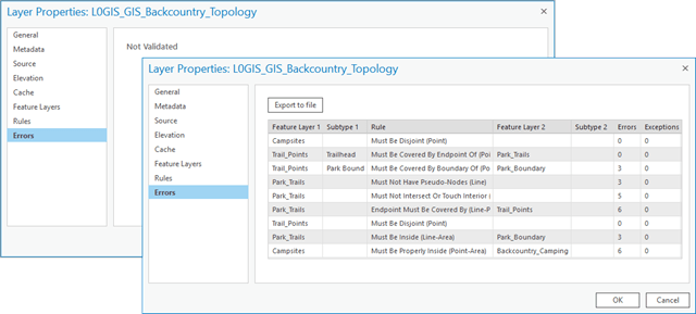 Errors tab on the topology feature layer properties shown before and after validating