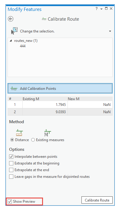 Calibrate Route Show Preview check box