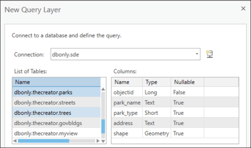 Select a table to display its columns