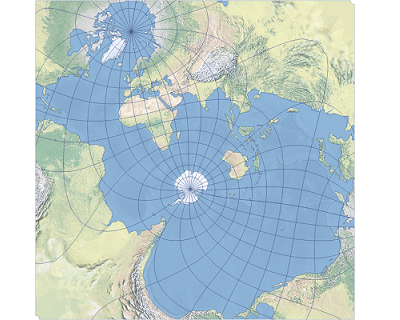 An example of the Adams square II map projection with the Spilhaus configuration