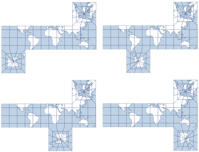 Examples of the Cube projection using Options 12–15, respectively