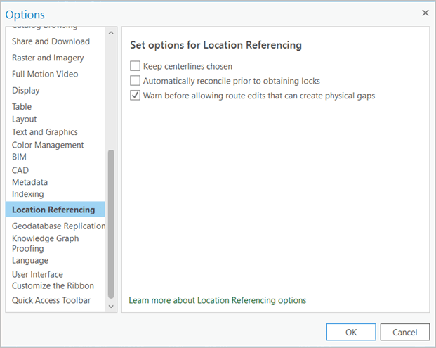 Options dialog box, Location Referencing tab options