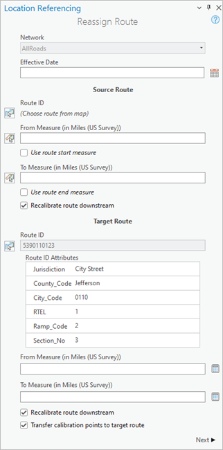 Reassign Route pane with a user-created, multi-field Route ID