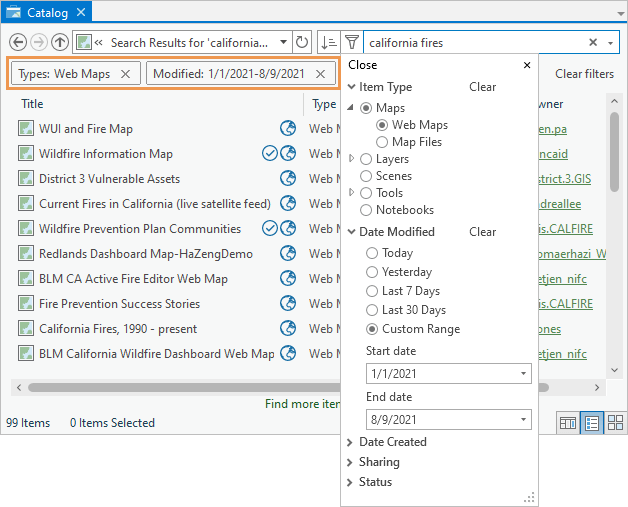 Catalog view showing drop-down options on the Filter button and filtered search results